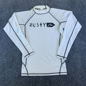 Rusty Rash Guard Men XL White Stretch Contrast Stitching High Neck Pullover Logo